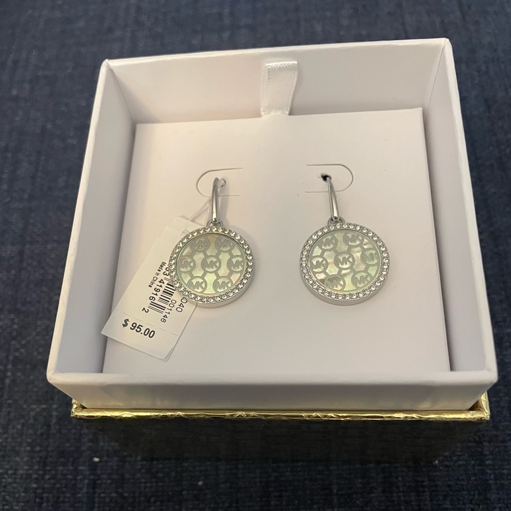 Michael Kors Monogram Silver Tone Logo Earrings Brand New In Box